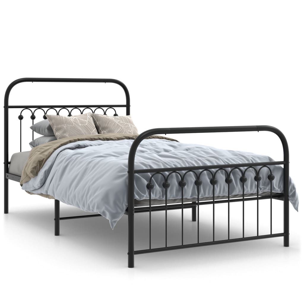 Black Metal Bed Frame with Footboard - 100x190cm, No Mattress