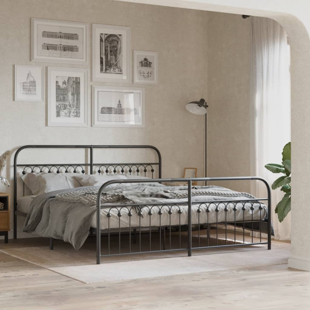 Stylish Black Metal Bed Frame with Footboard 183x203cm - No Mattress