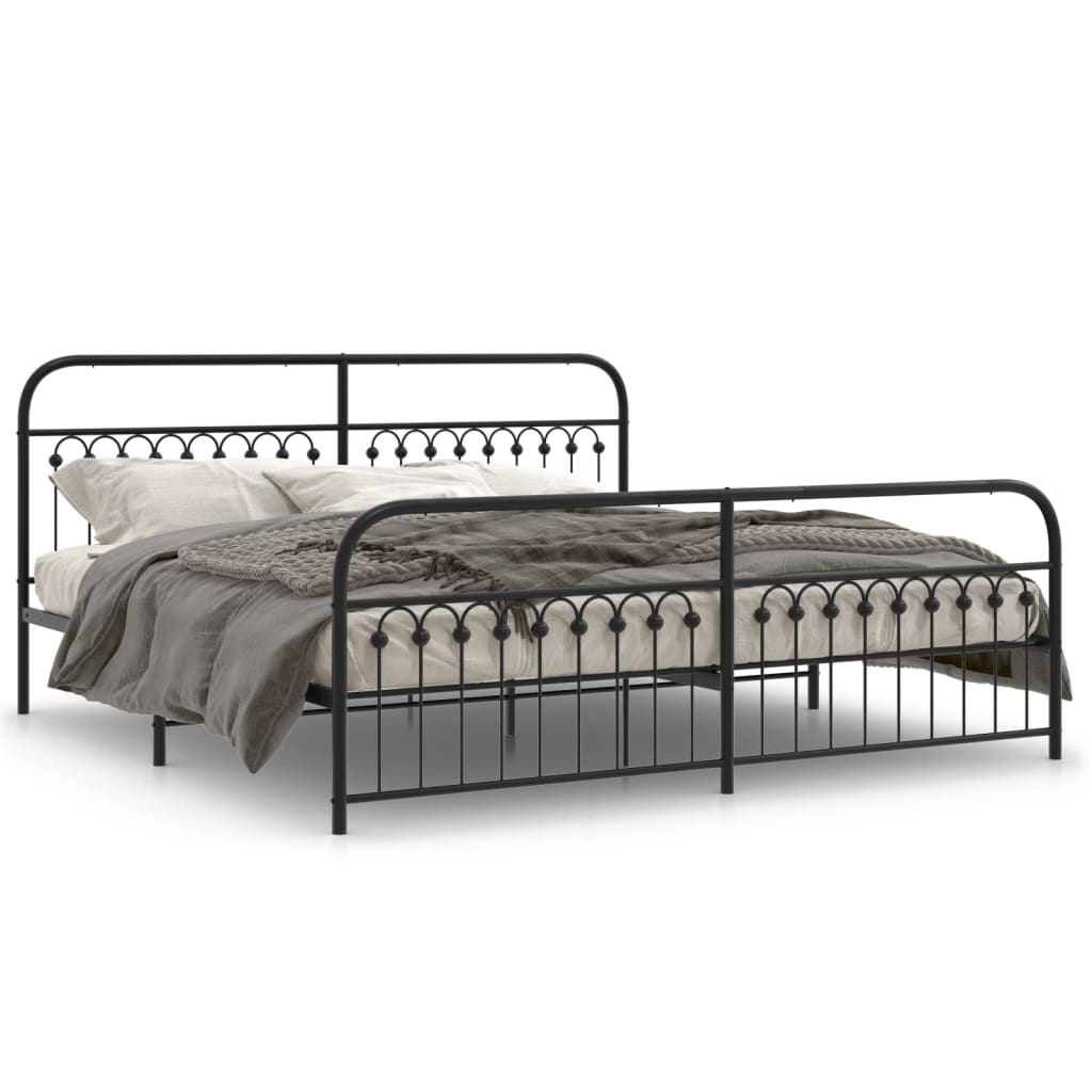 Sturdy Black Metal Bed Frame, Queen 193x203cm with Footboard