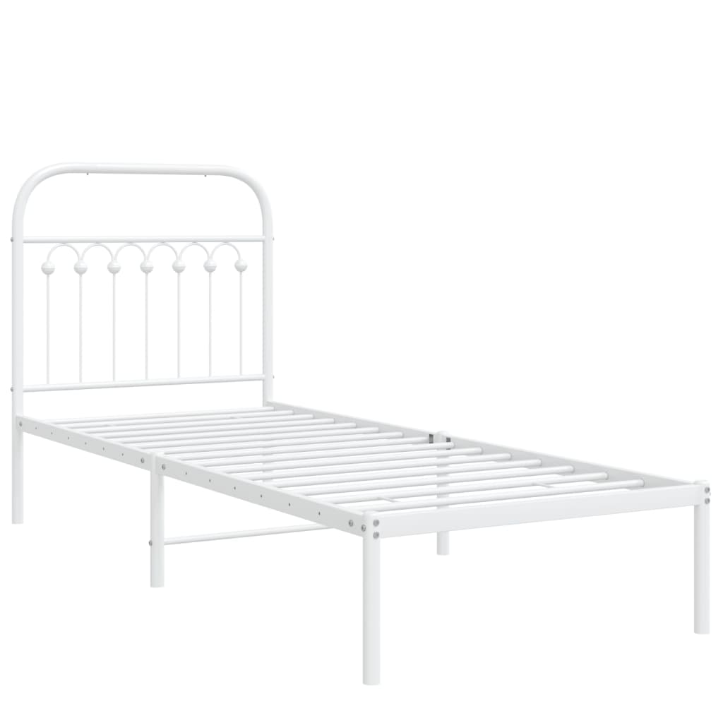 White Metal Bed Frame with Headboard - 75x190cm, No Mattress
