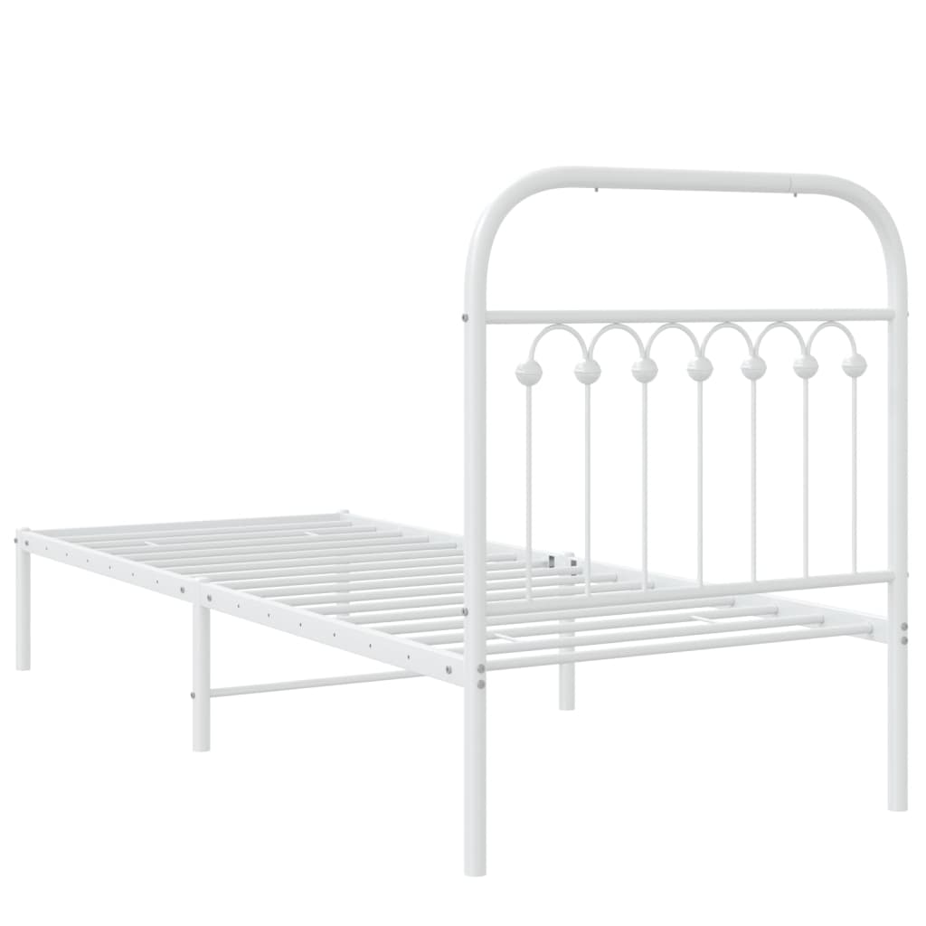 White Metal Bed Frame with Headboard - 75x190cm, No Mattress
