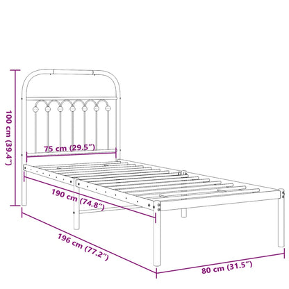 White Metal Bed Frame with Headboard - 75x190cm, No Mattress