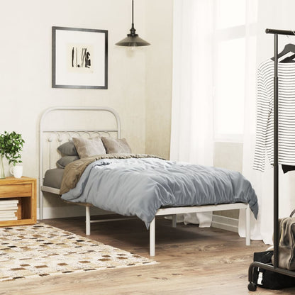 White Metal Bed Frame with Headboard - 75x190cm, No Mattress