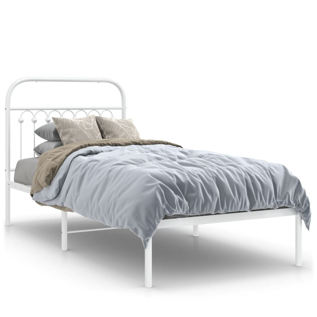 White Metal Bed Frame with Headboard, 90x200cm - Mattress Not Included