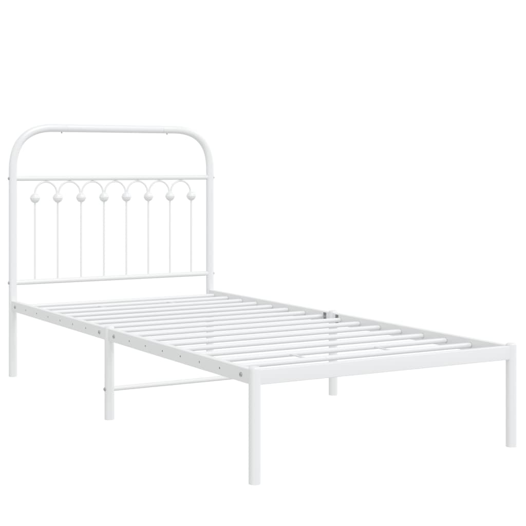 White Metal Bed Frame with Headboard, 90x200cm - Mattress Not Included