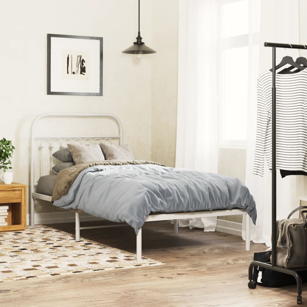 White Metal Bed Frame with Headboard, 90x200cm - Mattress Not Included