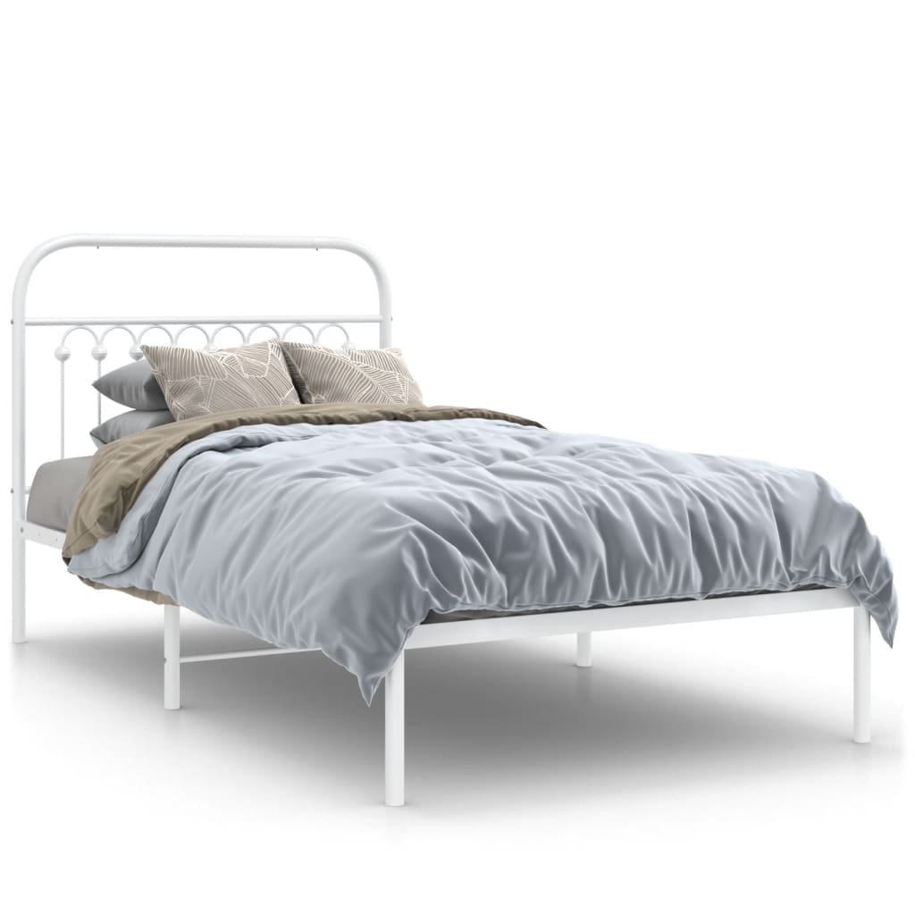 White Metal Bed Frame with Headboard - 100x190cm, No Mattress