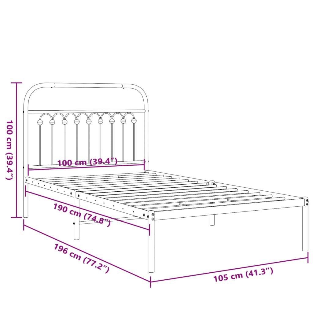 White Metal Bed Frame with Headboard - 100x190cm, No Mattress