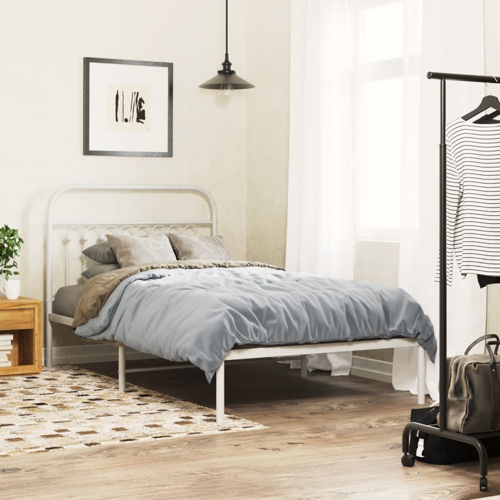 White Metal Bed Frame with Headboard - 100x190cm, No Mattress