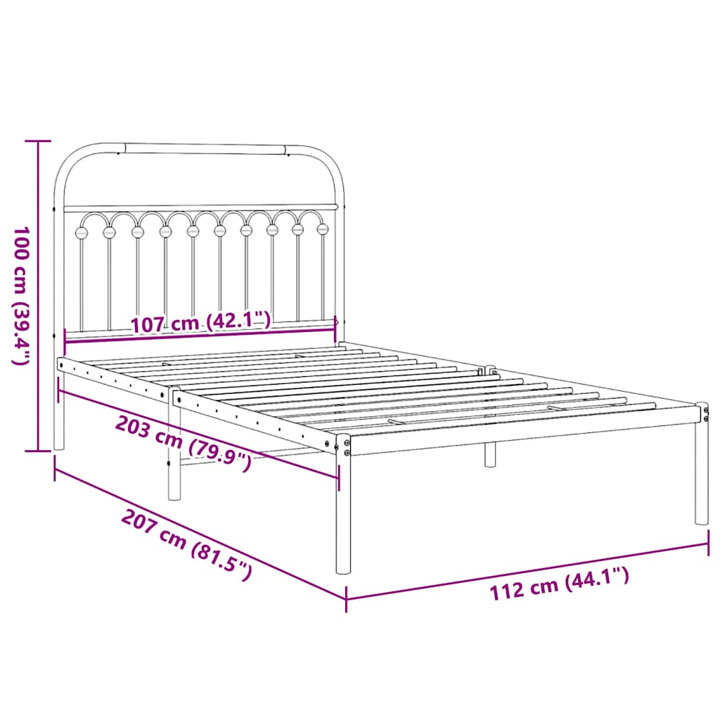 White Metal Bed Frame with Headboard, 107x203cm - Mattress Not Included