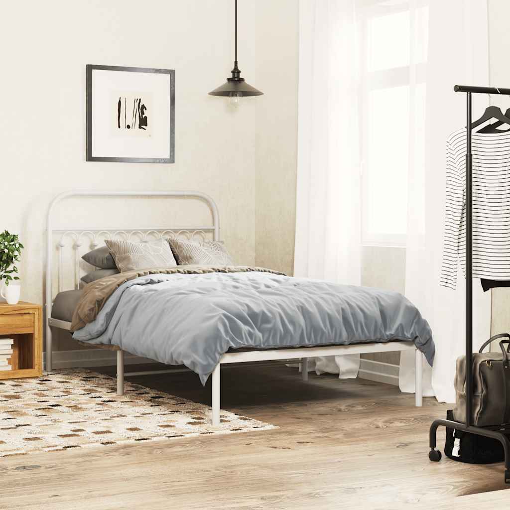 White Metal Bed Frame with Headboard, 107x203cm - Mattress Not Included
