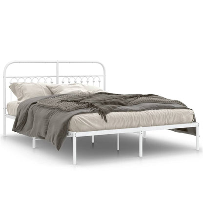 White Metal Bed Frame with Headboard - 150x200cm, No Mattress