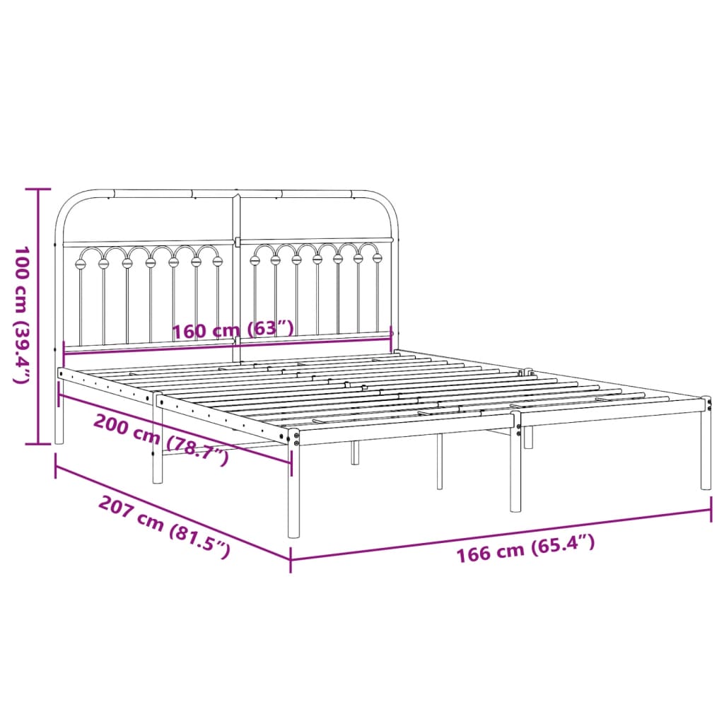 White Metal Bed Frame with Headboard, 160x200cm - No Mattress