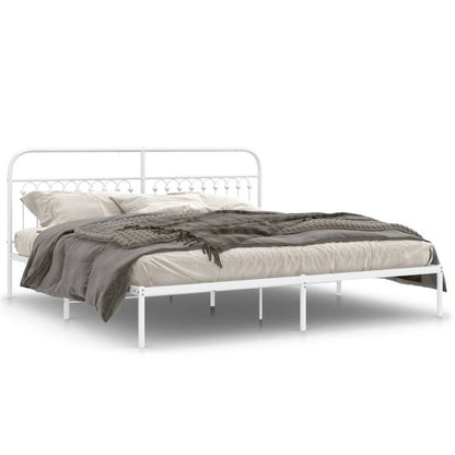 White Metal Bed Frame with Headboard 200x200cm - Mattress Not Included
