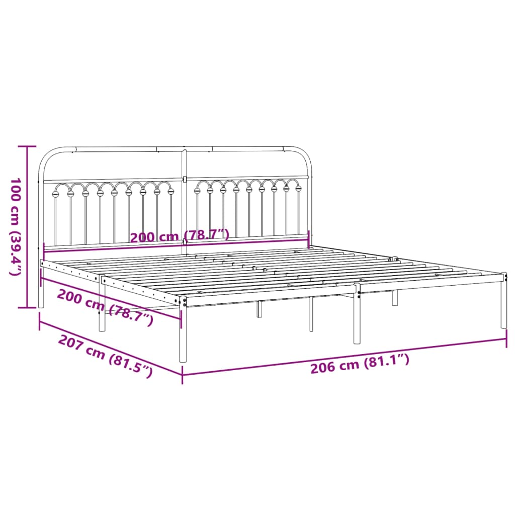 White Metal Bed Frame with Headboard 200x200cm - Mattress Not Included
