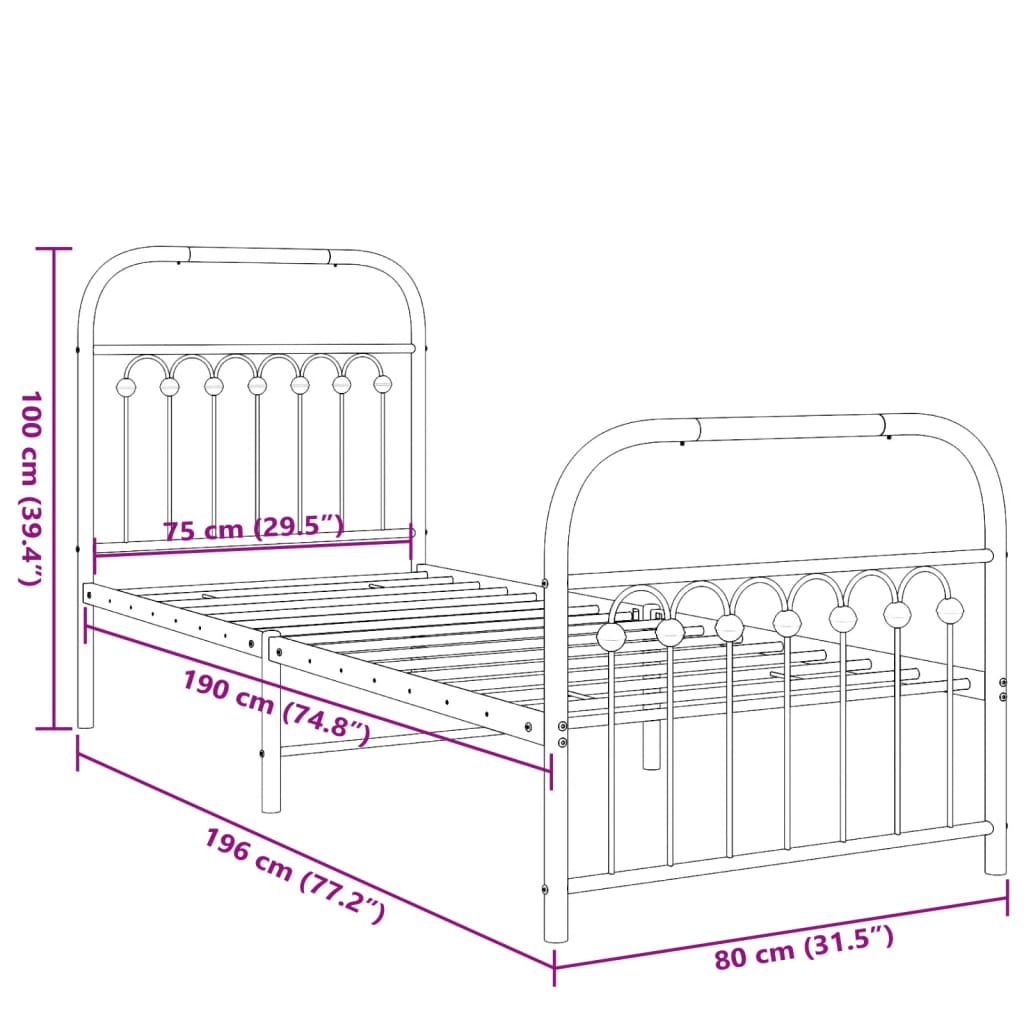 White Metal Bed Frame with Footboard, 75x190cm - No Mattress