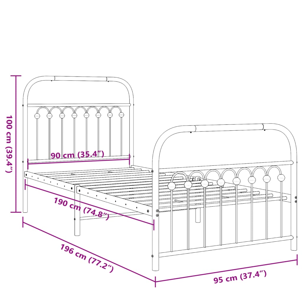 White Metal Bed Frame with Footboard 90x190cm - No Mattress Included