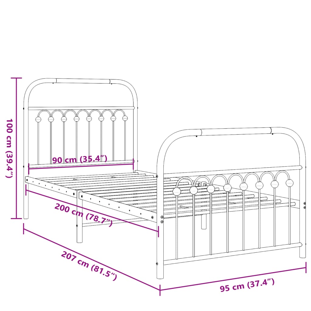 White Metal Bed Frame with Footboard, 90x200cm - No Mattress