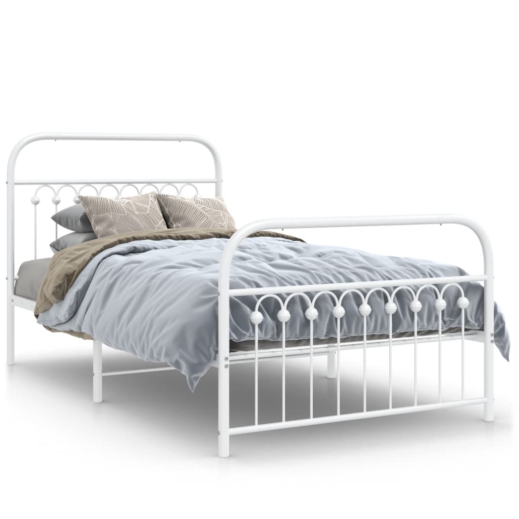 White Metal Bed Frame with Footboard, 100x190cm - No Mattress Included