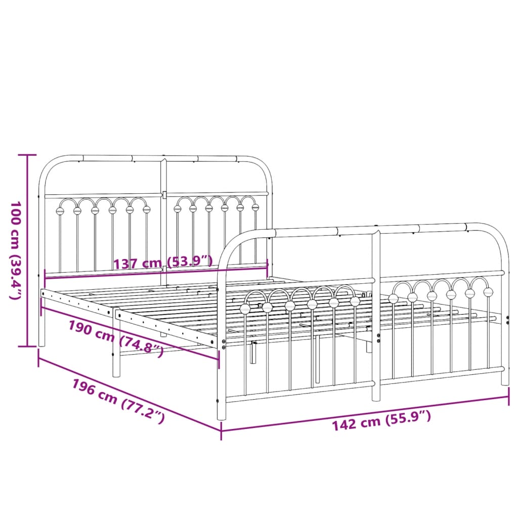 White Metal Bed Frame with Footboard - 137x190cm, No Mattress