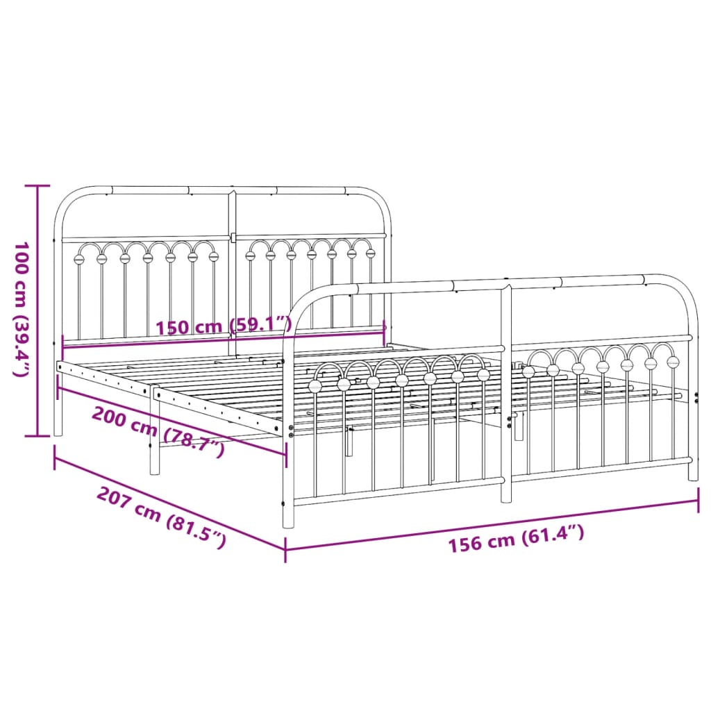 White Metal Bed Frame with Footboard - 150x200cm Sturdy Design