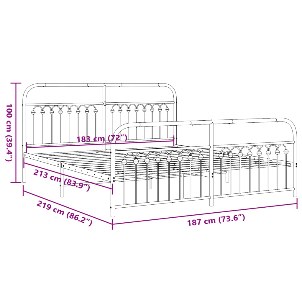 Elegant White Metal Bed Frame w/ Footboard, No Mattress, 183x213cm