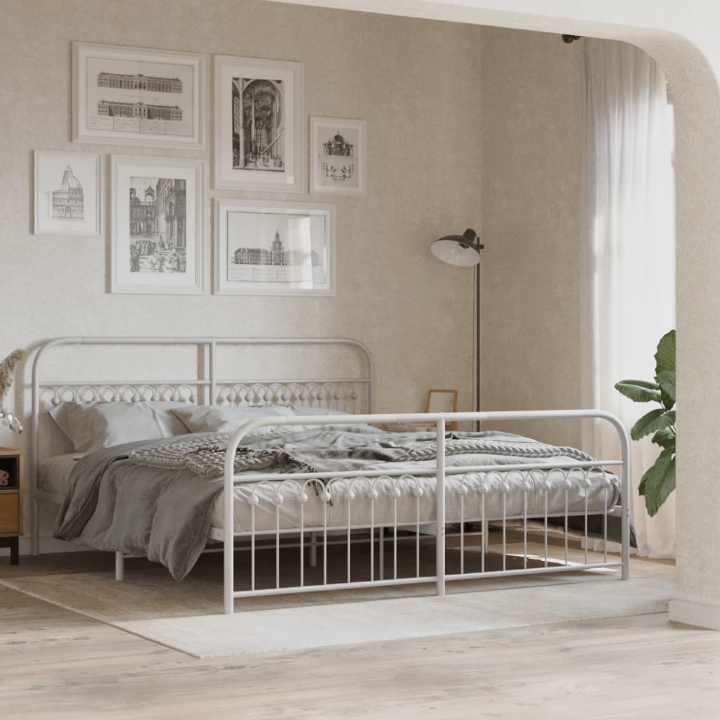 Elegant White Metal Bed Frame w/ Footboard, No Mattress, 183x213cm