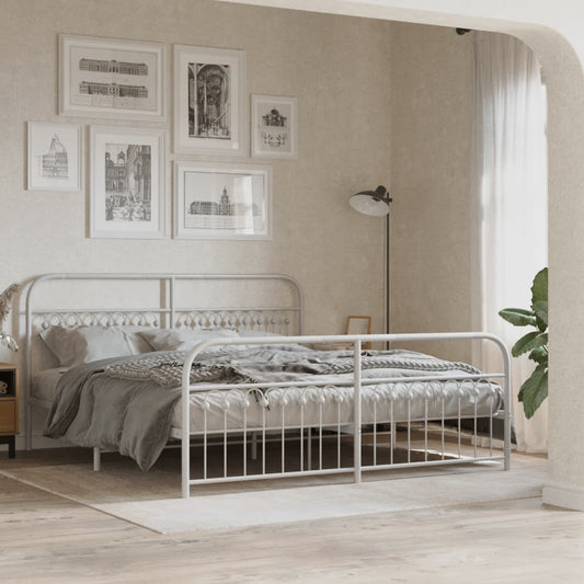 Elegant White Metal Bed Frame w/ Footboard, No Mattress, 183x213cm
