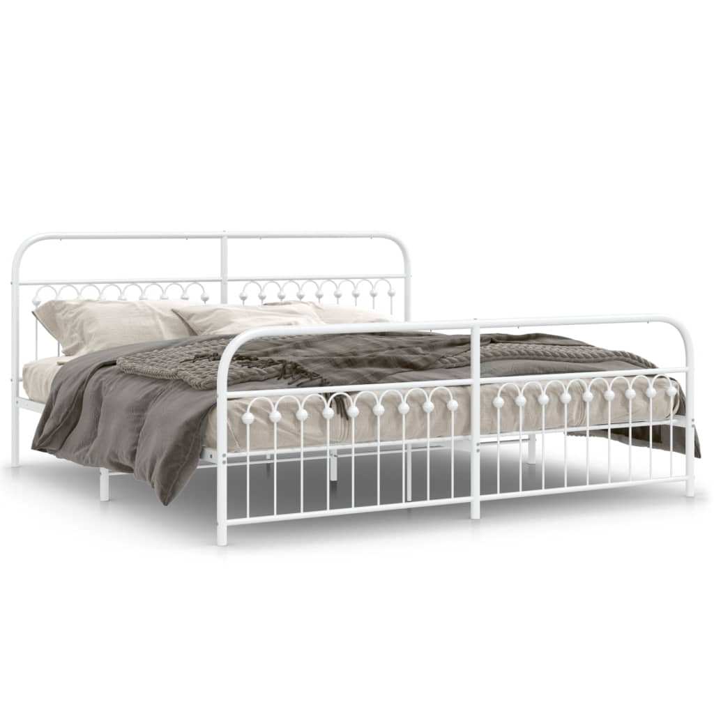 Sleek White Metal Bed Frame with Footboard - 193x203cm Sturdy Design