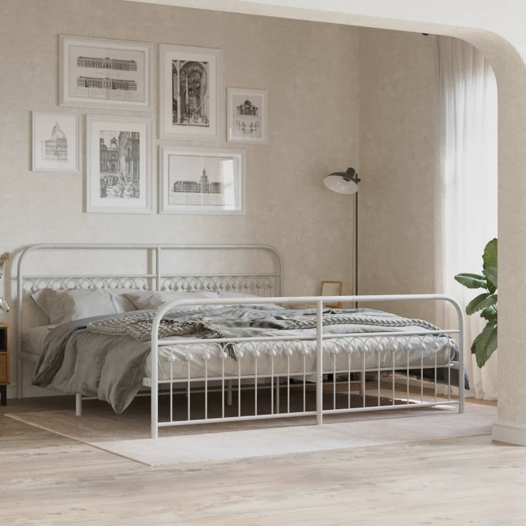 Sleek White Metal Bed Frame with Footboard - 193x203cm Sturdy Design