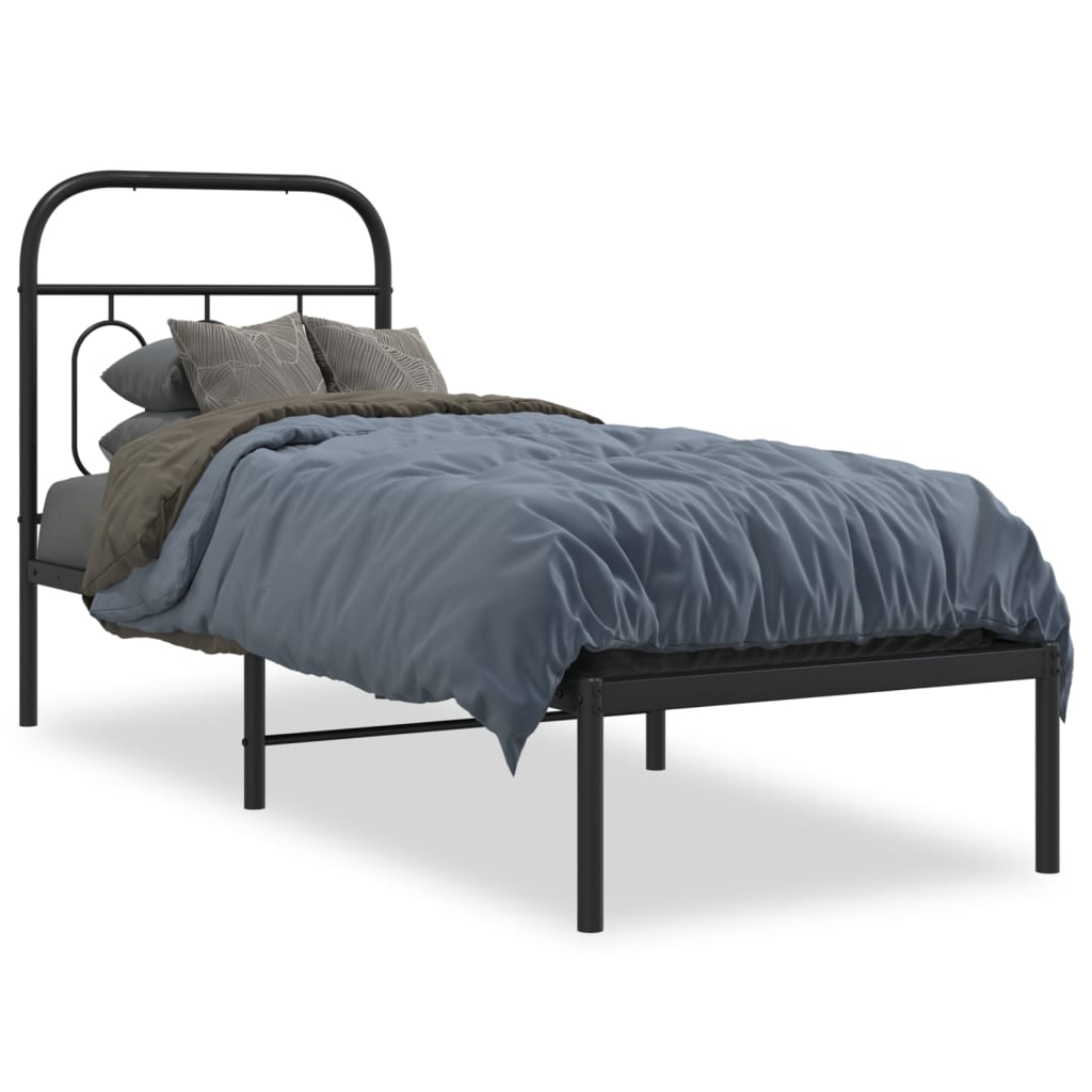 Sleek Black Metal Bed Frame with Headboard 75x190cm, No Mattress