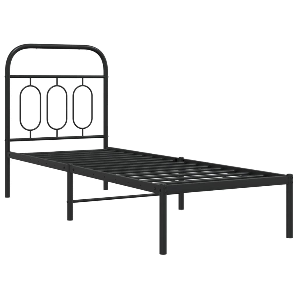 Sleek Black Metal Bed Frame with Headboard 75x190cm, No Mattress