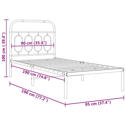 Black Metal Bed Frame with Headboard, 90x190cm - No Mattress Included
