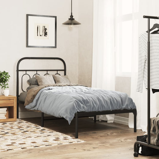 Black Metal Bed Frame with Headboard, 90x190cm - No Mattress Included