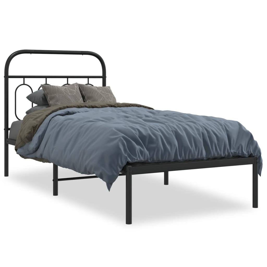 Black Metal Bed Frame with Headboard - 90x200cm Sturdy Design