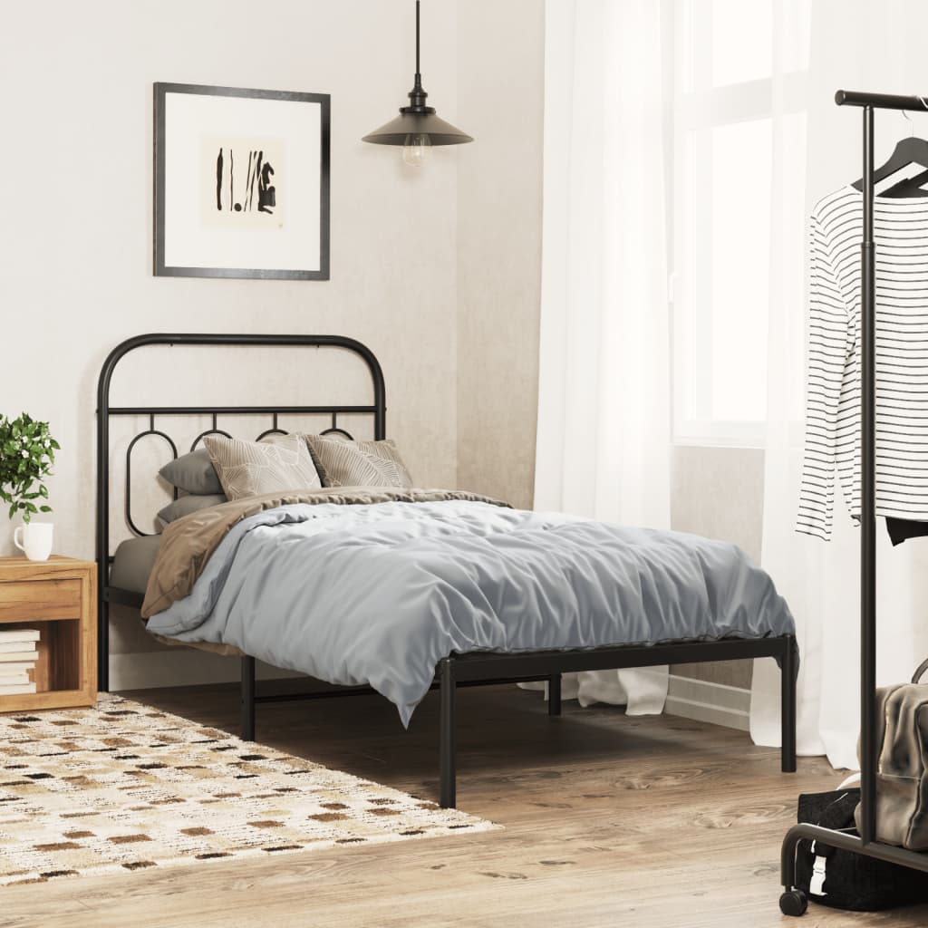 Black Metal Bed Frame with Headboard - 90x200cm Sturdy Design