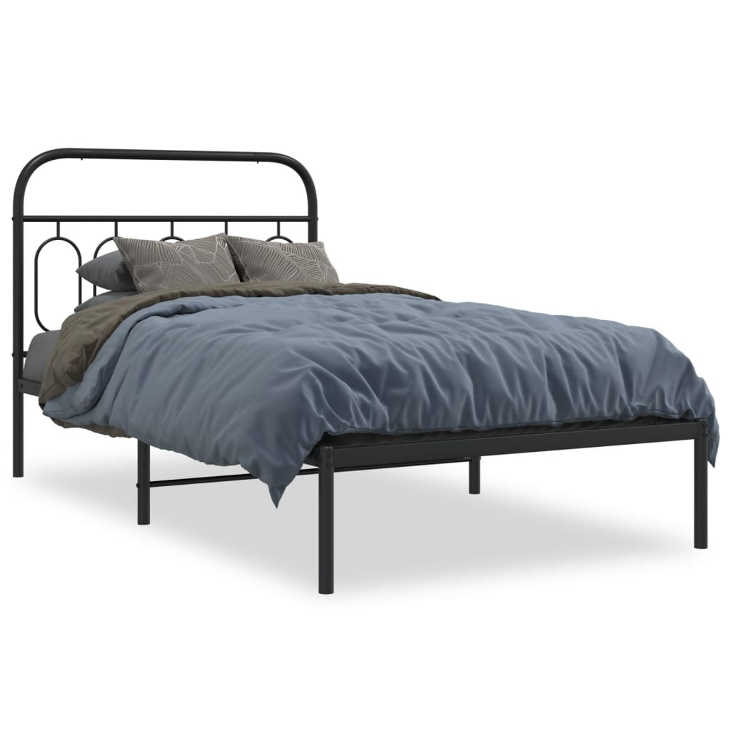 Black Metal Bed Frame with Headboard - 100x190cm, No Mattress