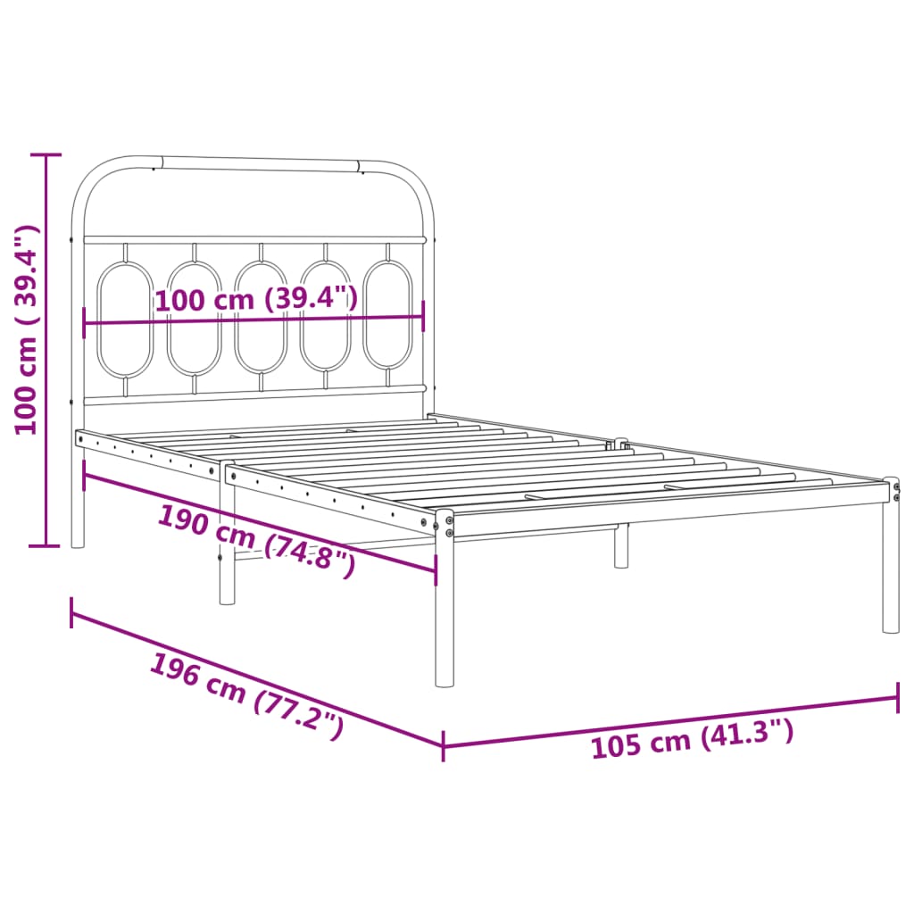 Black Metal Bed Frame with Headboard - 100x190cm, No Mattress