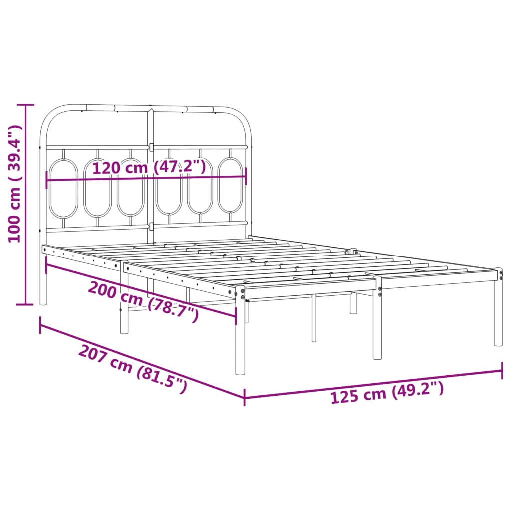 Black Metal Bed Frame with Headboard, 120x200cm - No Mattress