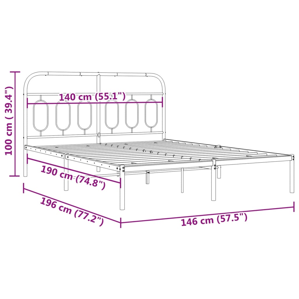 Sleek Black Metal Bed Frame with Headboard - 140x190cm