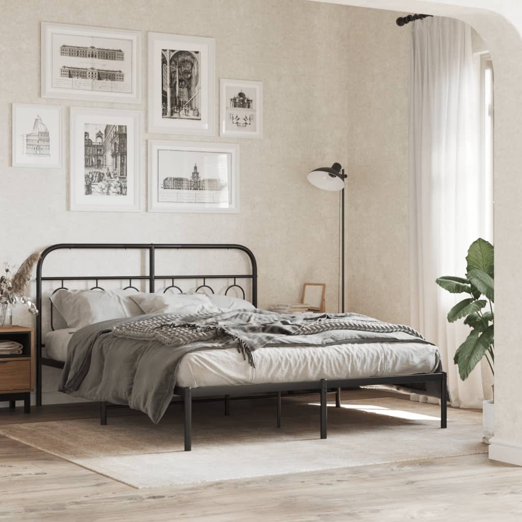 Sleek Black Metal Bed Frame with Headboard - 140x190cm