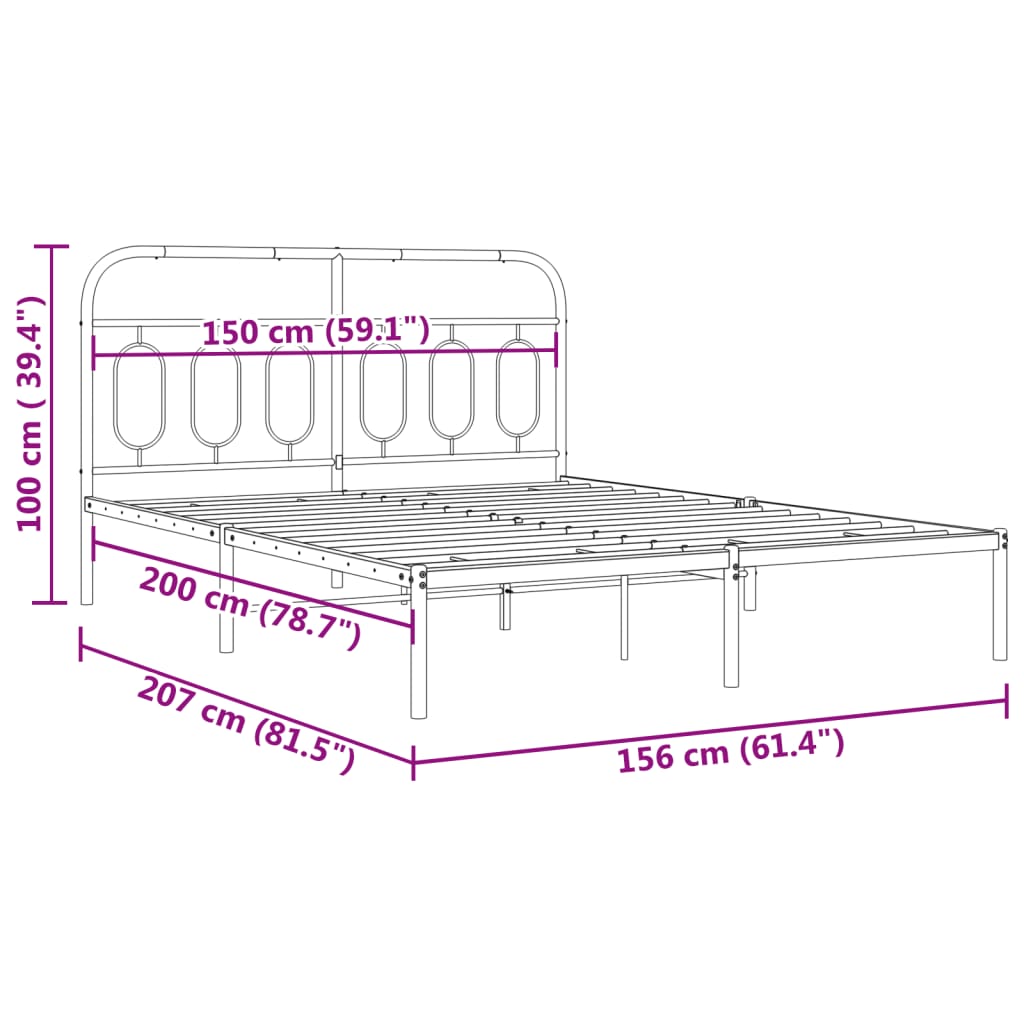 Metal Bed Frame without Mattress with Headboard Black 150x200cm
