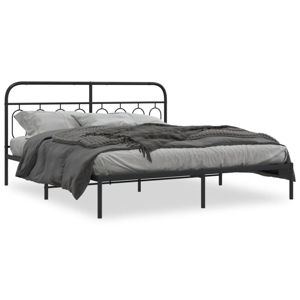 Black Metal Bed Frame with Headboard, 183x213cm, No Mattress