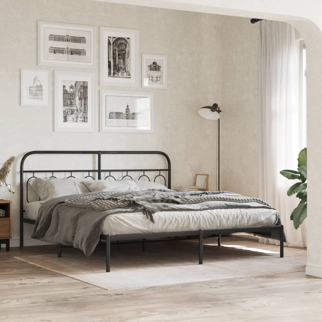 Black Metal Bed Frame with Headboard, 183x213cm, No Mattress