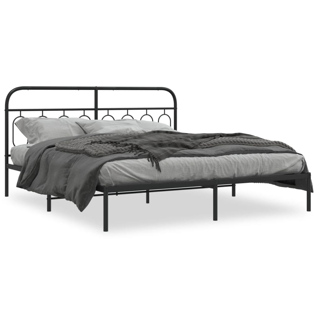 Sturdy Black Metal Bed Frame with Headboard - 193x203cm