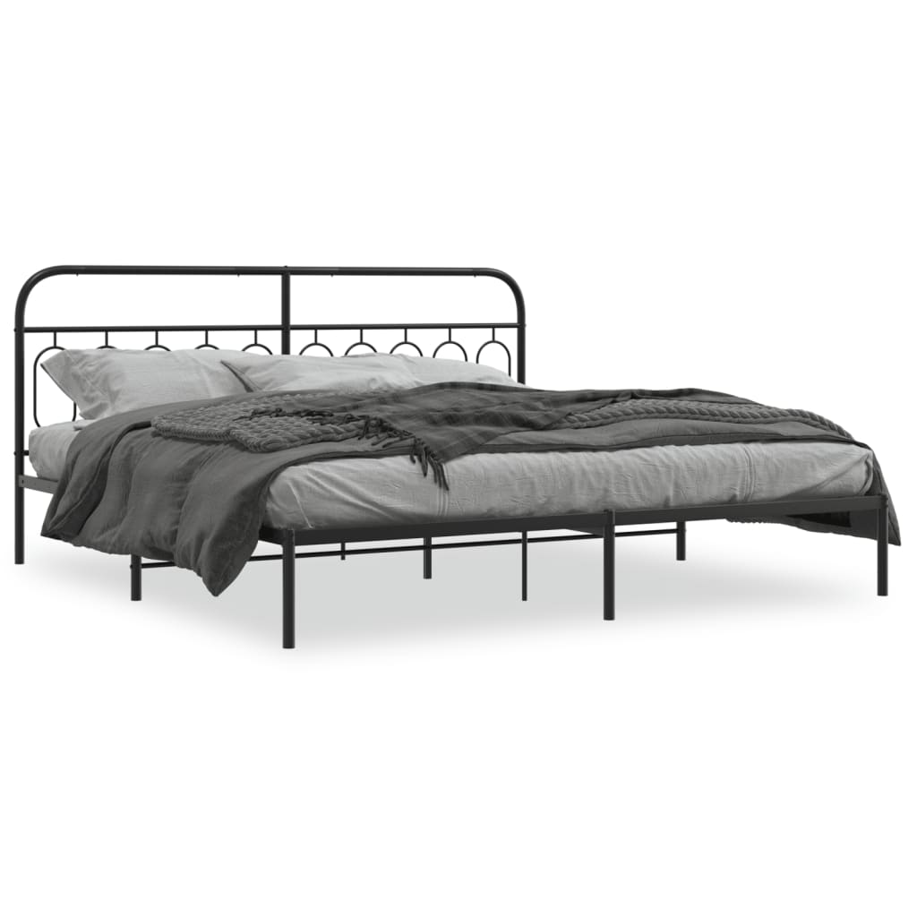 Black Metal Bed Frame with Headboard, 200x200cm - No Mattress Included
