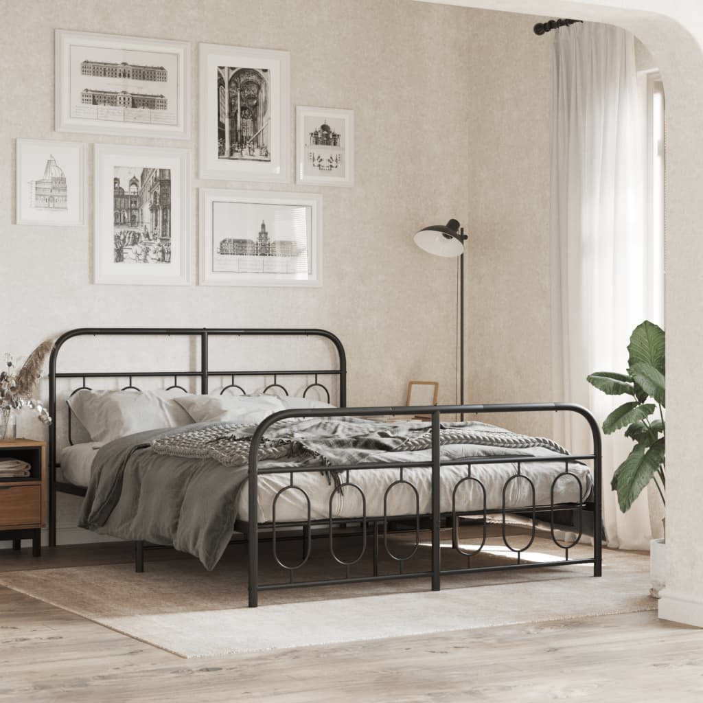 Sleek Black Metal Bed Frame with Footboard 140x200cm - No Mattress