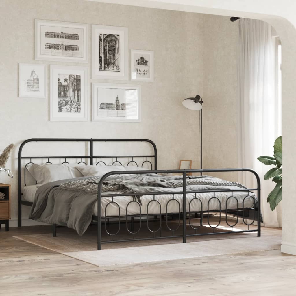 Black Metal Bed Frame with Footboard - Sturdy 183x213cm Design