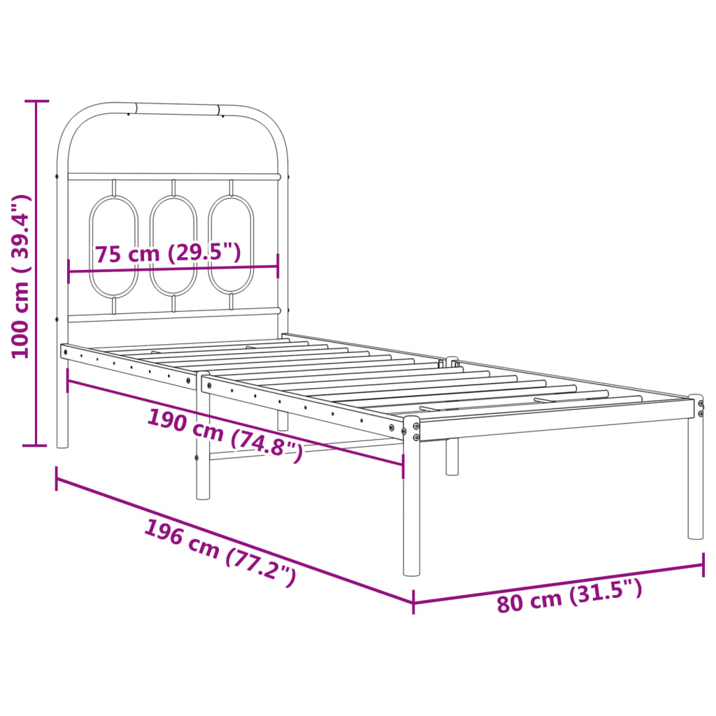 White Metal Bed Frame with Headboard - 75x190cm Without Mattress