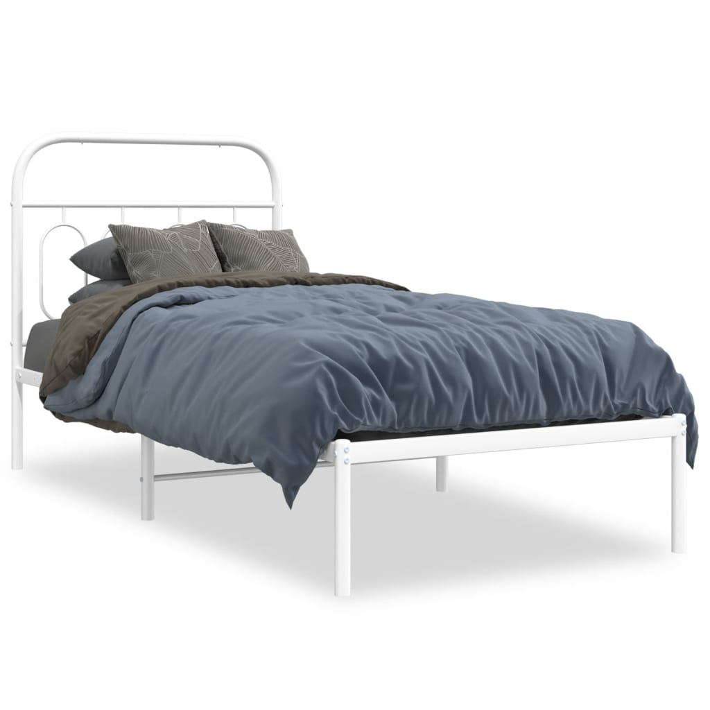 White Metal Bed Frame with Headboard, 80x200cm, No Mattress